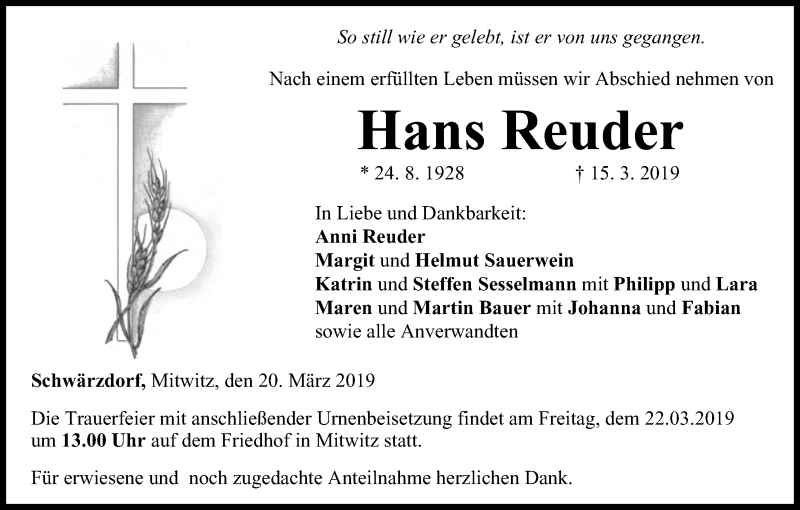  Traueranzeige für Hans Reuder vom 20.03.2019 aus MGO