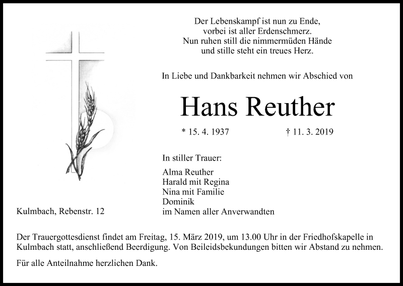  Traueranzeige für Hans Reuther vom 13.03.2019 aus MGO