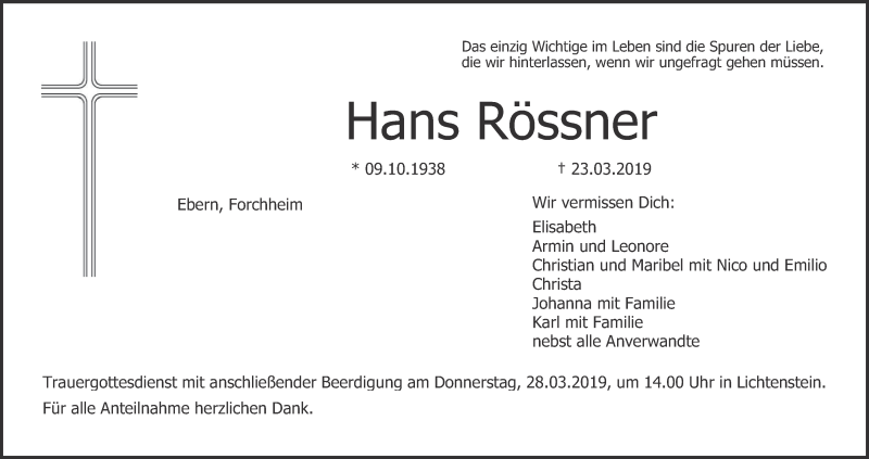  Traueranzeige für Hans Rössner vom 26.03.2019 aus MGO