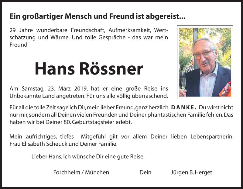  Traueranzeige für Hans Rössner vom 30.03.2019 aus MGO