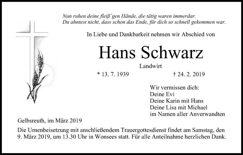  Traueranzeige für Hans Schwarz vom 06.03.2019 aus MGO