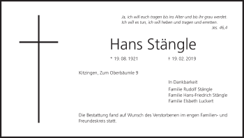 Anzeige von Hans Stängle von MGO