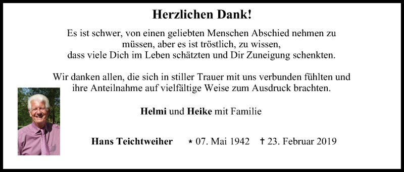  Traueranzeige für Hans Teichtweiher vom 16.03.2019 aus MGO