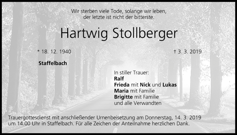  Traueranzeige für Hartwig Stollberger vom 09.03.2019 aus MGO
