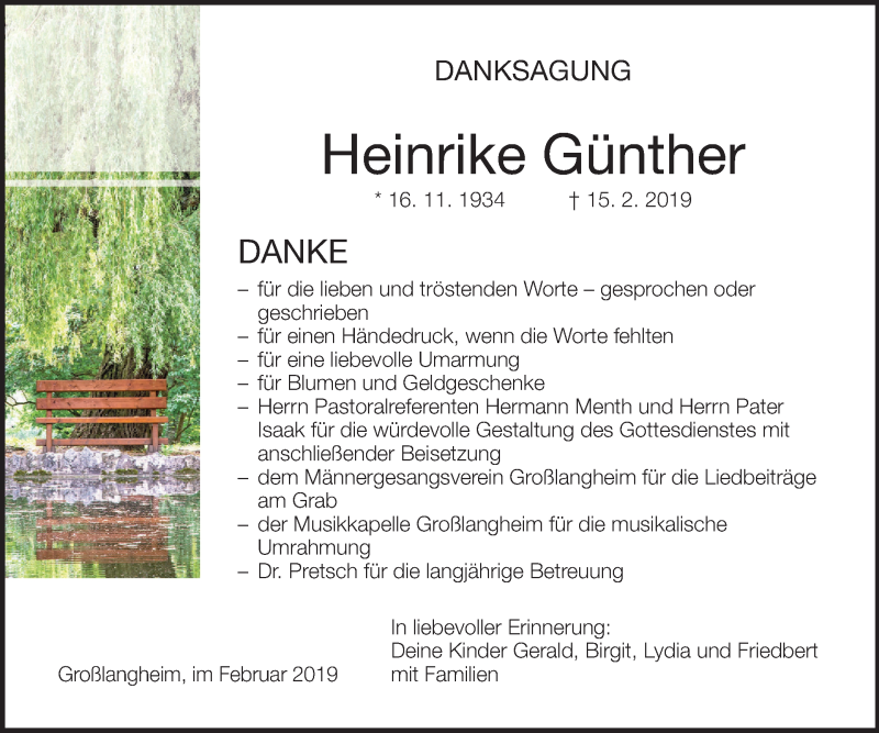  Traueranzeige für Heinrike Günther vom 02.03.2019 aus MGO