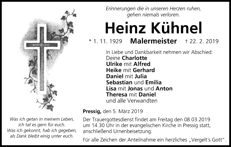 Traueranzeige für Heinz Kühnel vom 05.03.2019 aus MGO