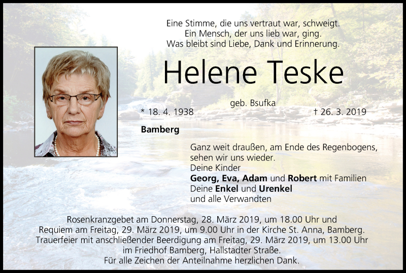  Traueranzeige für Helene Teske vom 27.03.2019 aus MGO