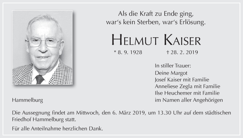  Traueranzeige für Helmut Kaiser vom 02.03.2019 aus MGO