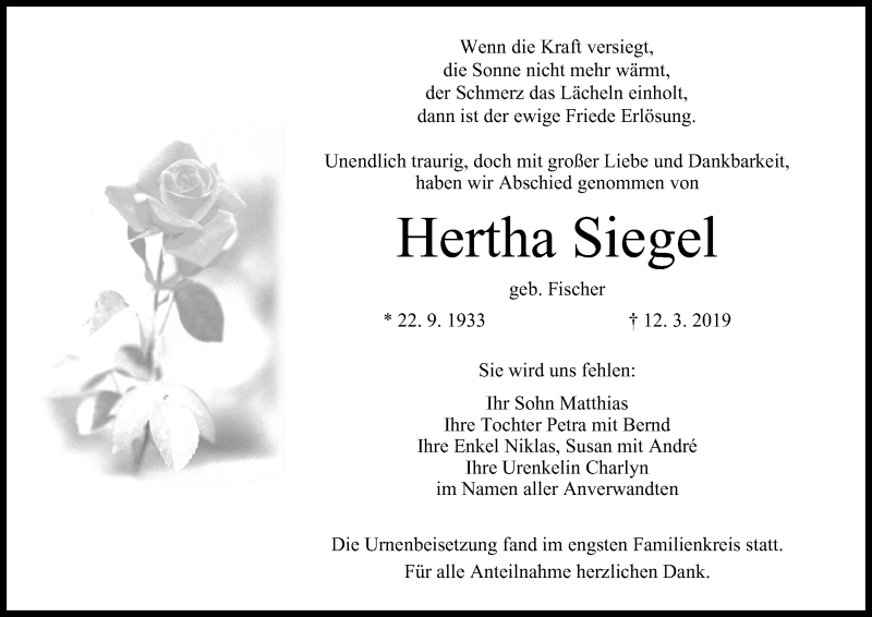  Traueranzeige für Hertha Siegel vom 30.03.2019 aus MGO