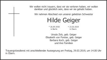 Anzeige von Hilde Geiger von MGO
