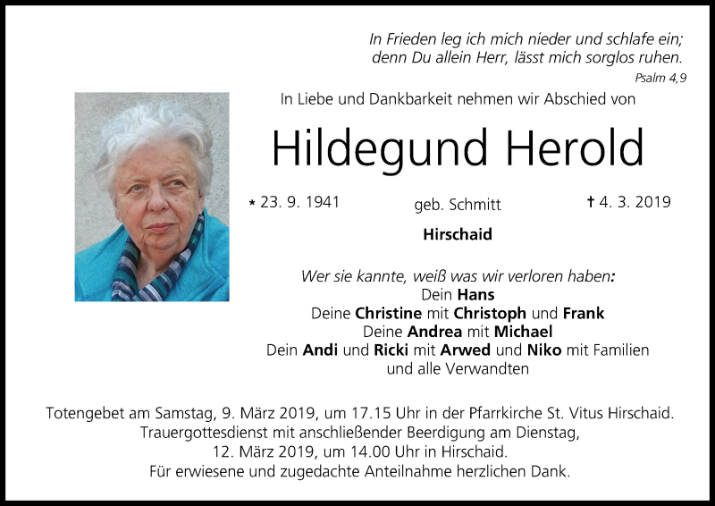  Traueranzeige für Hildegund Herold vom 08.03.2019 aus MGO