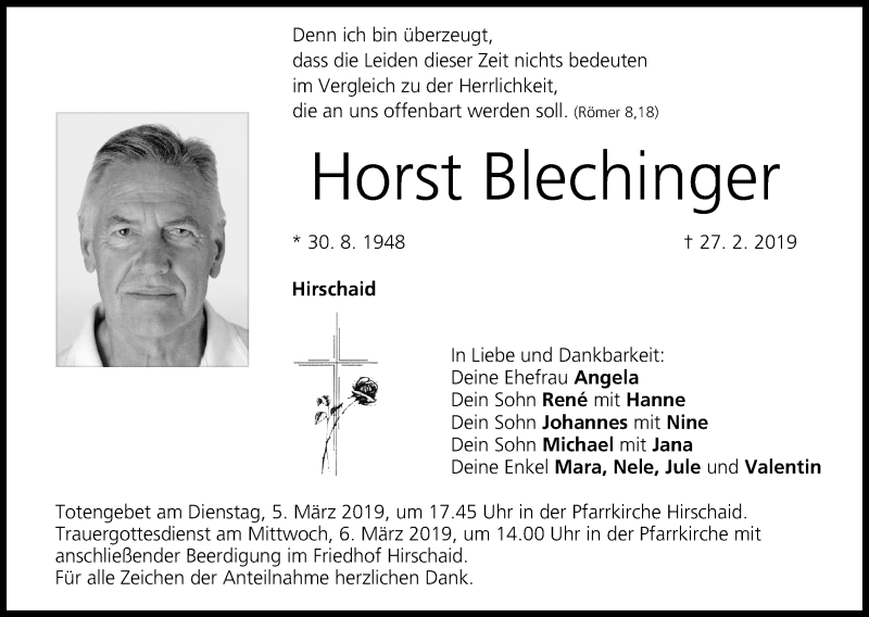  Traueranzeige für Horst Blechfinger vom 02.03.2019 aus MGO