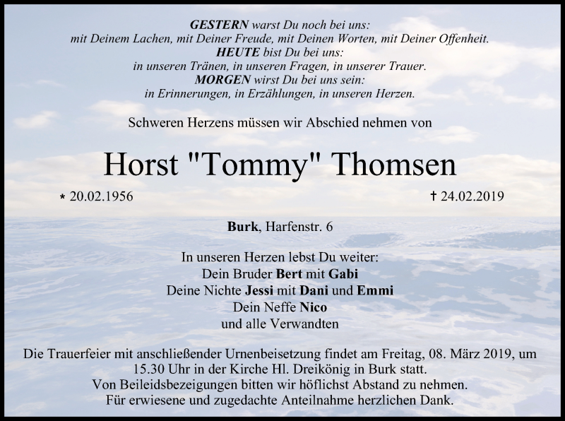  Traueranzeige für Horst Thomsen vom 02.03.2019 aus MGO