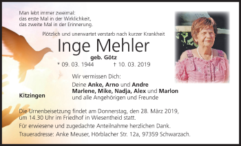 Anzeige von Inge Mehler von MGO