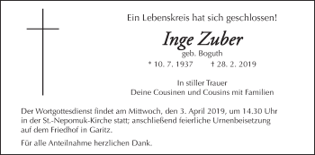 Anzeige von Inge Zuber von MGO