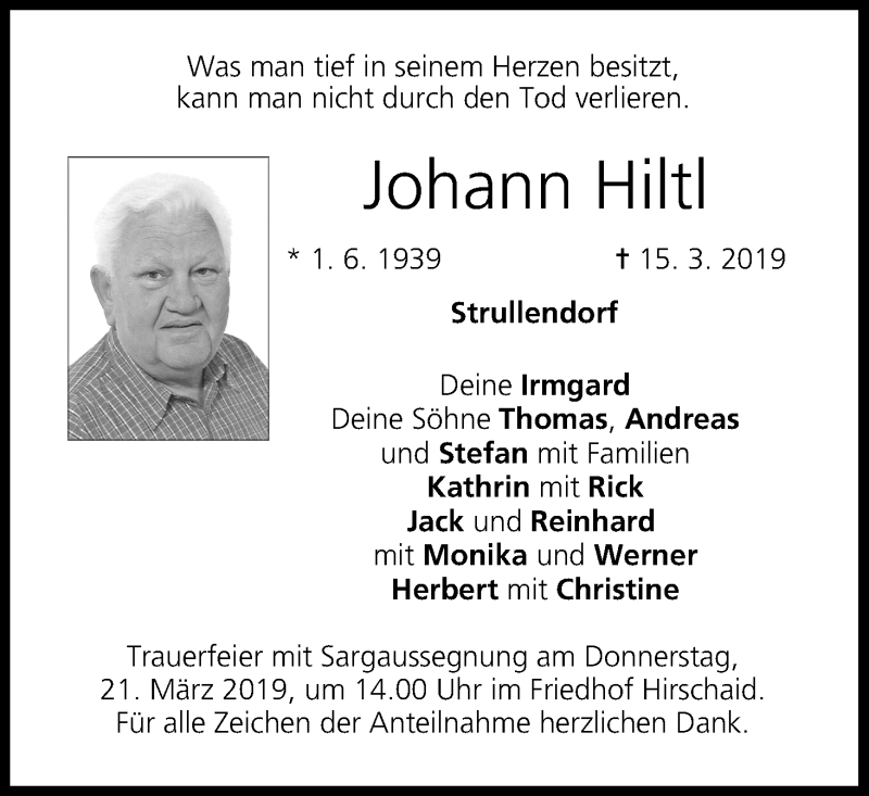  Traueranzeige für Johann Hiltl vom 19.03.2019 aus MGO