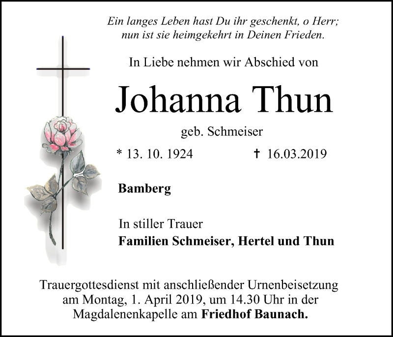  Traueranzeige für Johanna Thun vom 27.03.2019 aus MGO