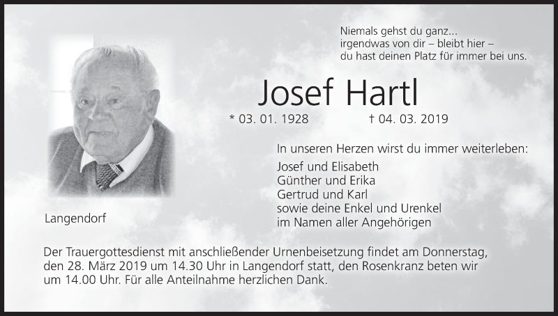  Traueranzeige für Josef Hartl vom 23.03.2019 aus MGO