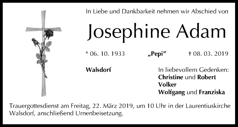  Traueranzeige für Josephine Adam vom 16.03.2019 aus MGO