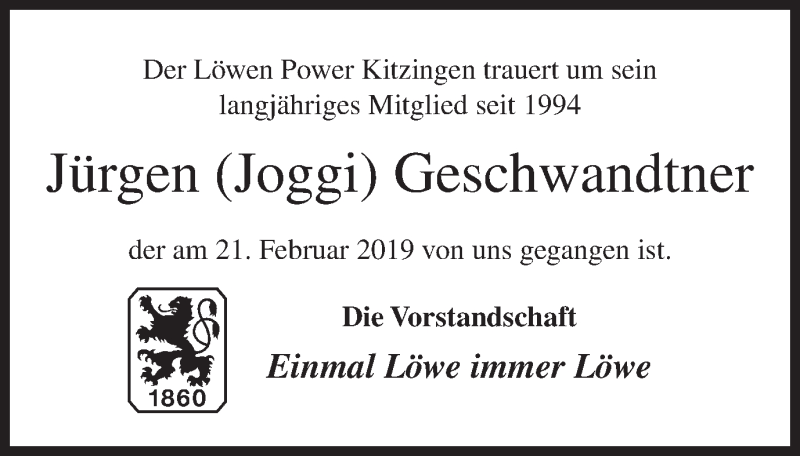  Traueranzeige für Jürgen Geschwandtner vom 02.03.2019 aus MGO