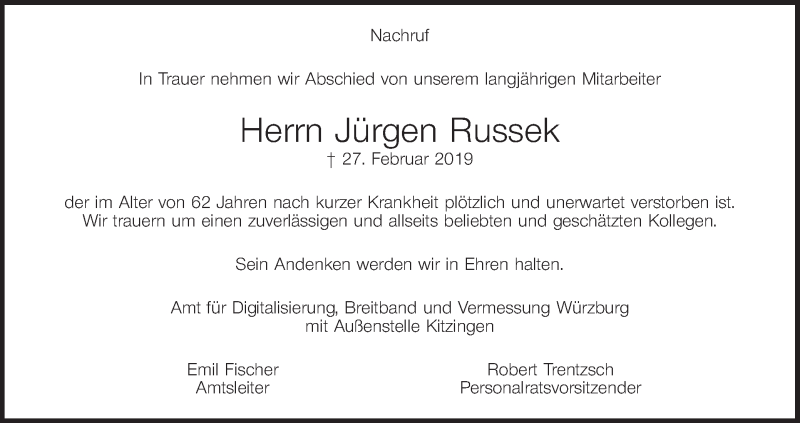  Traueranzeige für Jürgen Russek vom 07.03.2019 aus MGO