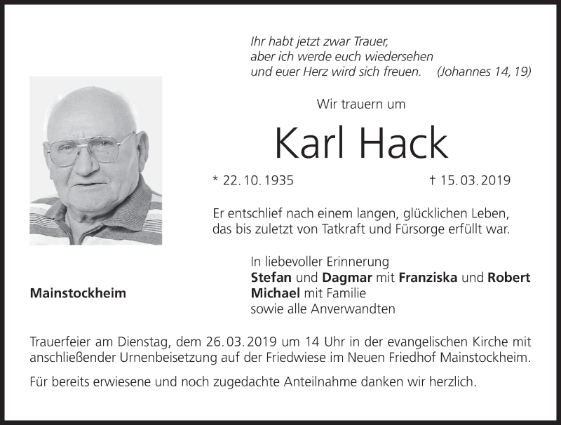  Traueranzeige für Karl Hack vom 21.03.2019 aus MGO