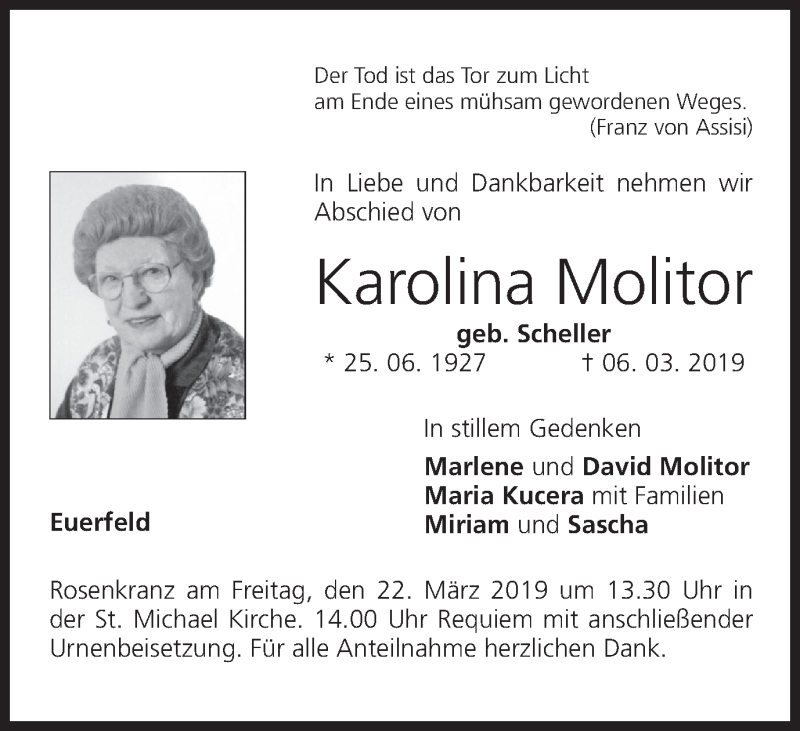 Traueranzeige für Karolina Molitor vom 18.03.2019 aus MGO