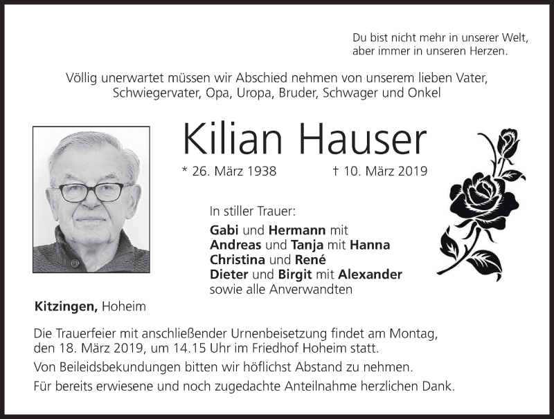  Traueranzeige für Kilian Hauser vom 16.03.2019 aus MGO