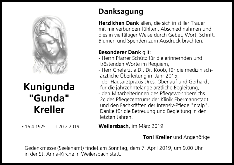  Traueranzeige für Kunigunda Kreller vom 23.03.2019 aus MGO