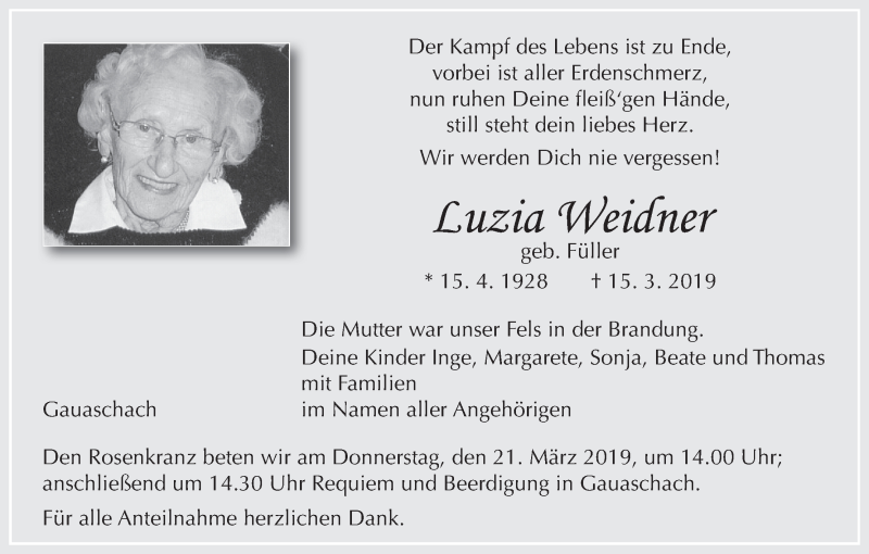  Traueranzeige für Luzia Weidner vom 19.03.2019 aus MGO