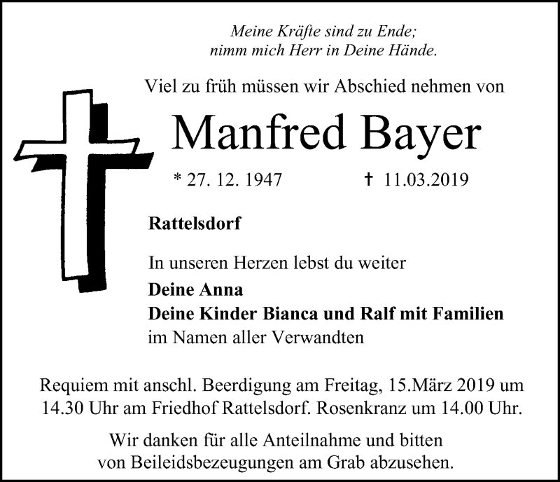  Traueranzeige für Manfred Bayer vom 13.03.2019 aus MGO
