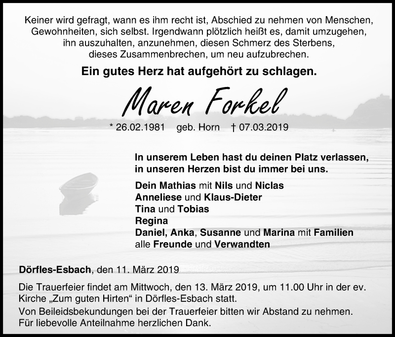  Traueranzeige für Maren Forkel vom 11.03.2019 aus MGO