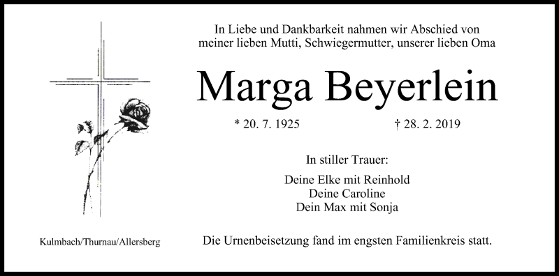  Traueranzeige für Marga Beyerlein vom 23.03.2019 aus MGO