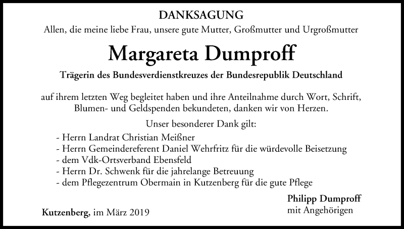  Traueranzeige für Margareta Dumproff vom 23.03.2019 aus MGO