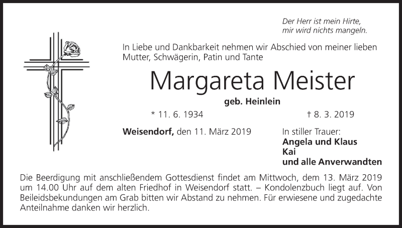  Traueranzeige für Margareta Meister vom 11.03.2019 aus MGO