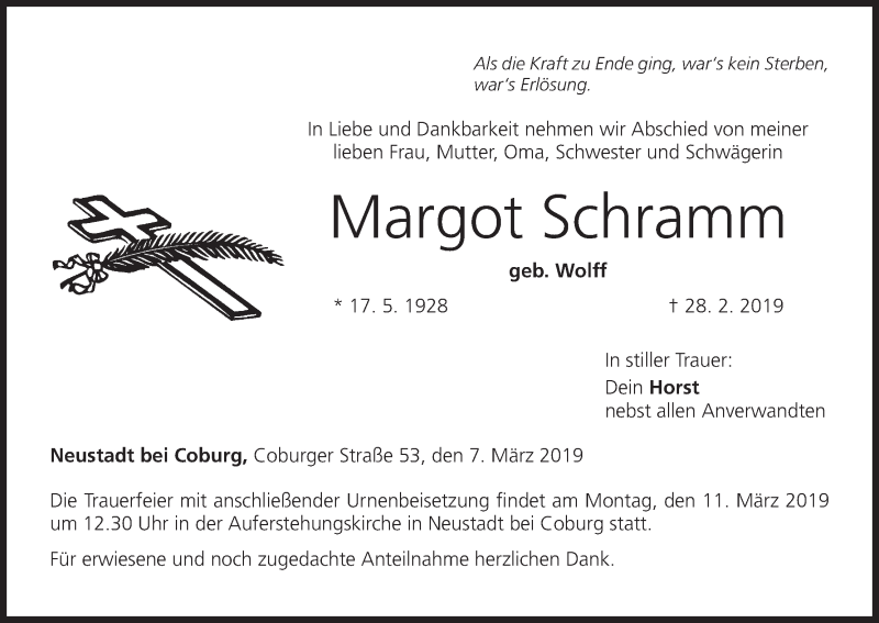  Traueranzeige für Margot Schramm vom 07.03.2019 aus MGO
