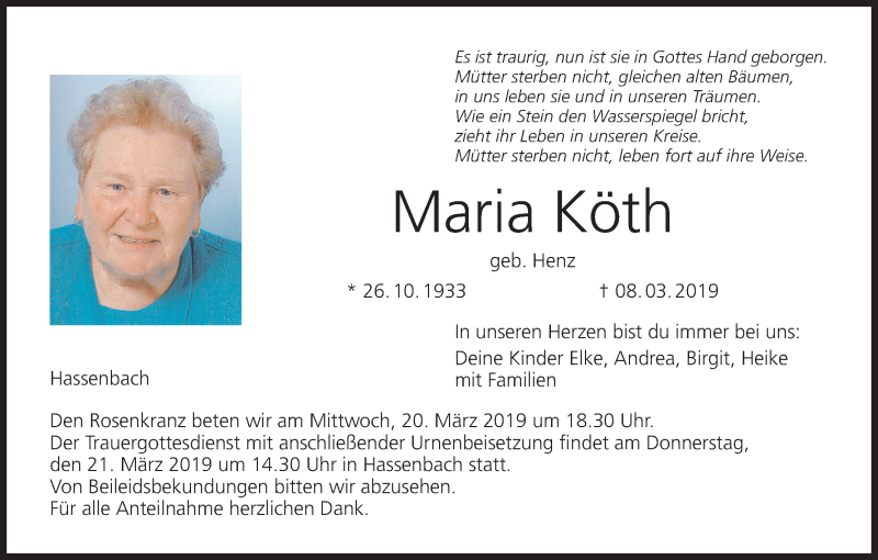  Traueranzeige für Maria Köth vom 16.03.2019 aus MGO
