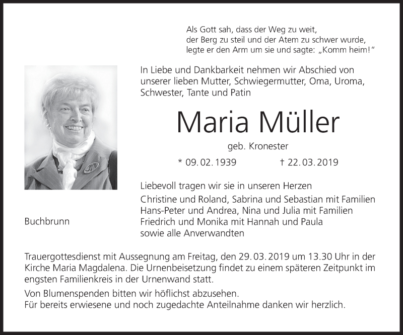  Traueranzeige für Maria Müller vom 26.03.2019 aus MGO