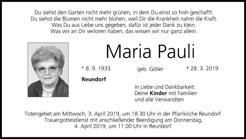  Traueranzeige für Maria Pauli vom 30.03.2019 aus MGO