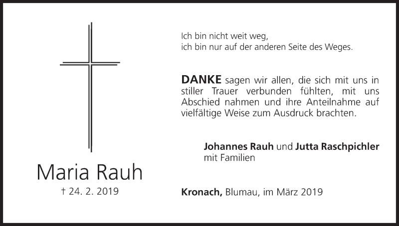  Traueranzeige für Maria Rauh vom 08.03.2019 aus MGO