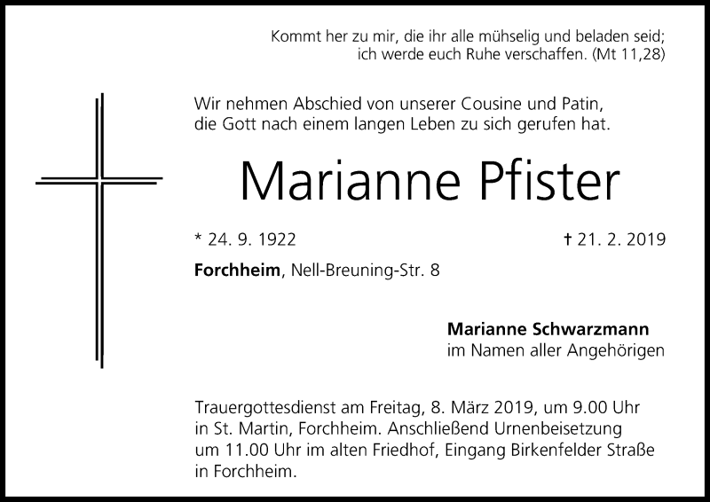  Traueranzeige für Marianne Pfister vom 02.03.2019 aus MGO