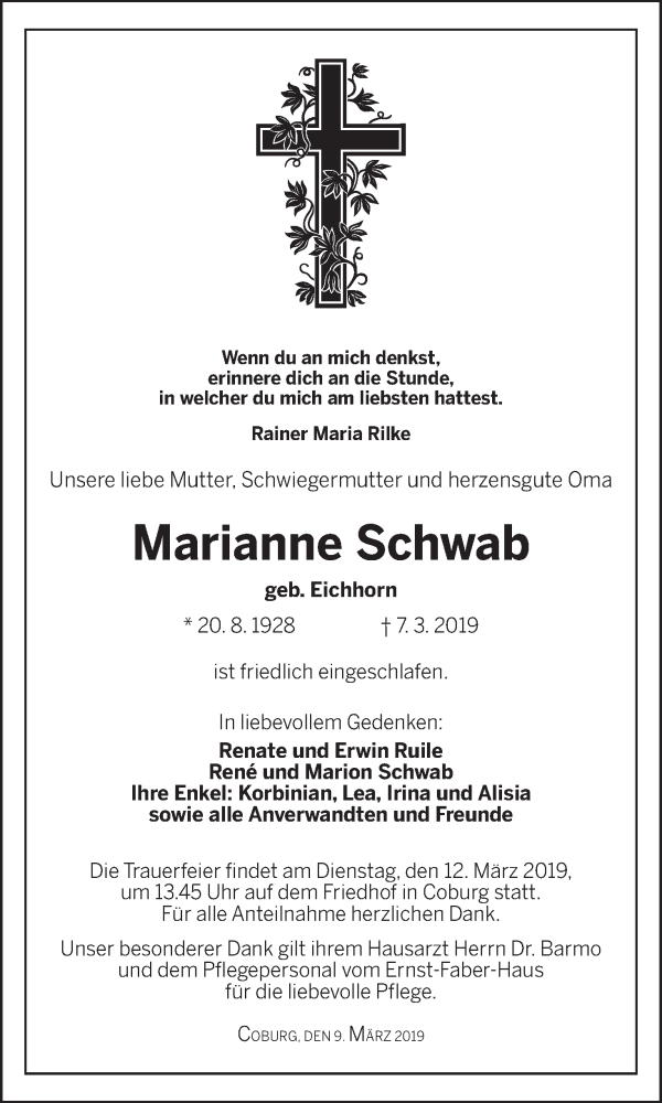  Traueranzeige für Marianne Schwab vom 09.03.2019 aus MGO