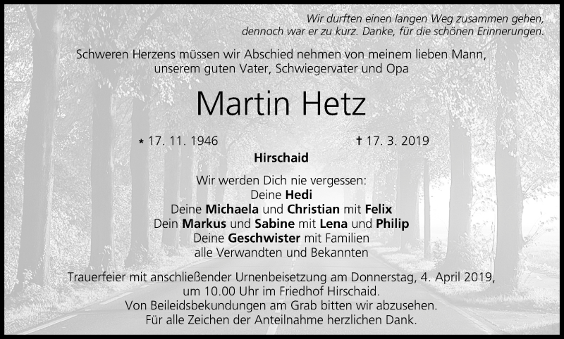  Traueranzeige für Martin Hetz vom 30.03.2019 aus MGO