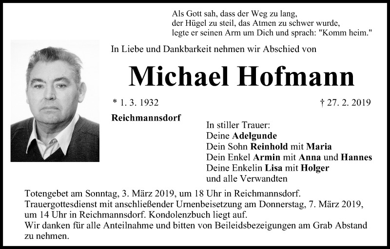  Traueranzeige für Michael Hofmann vom 02.03.2019 aus MGO