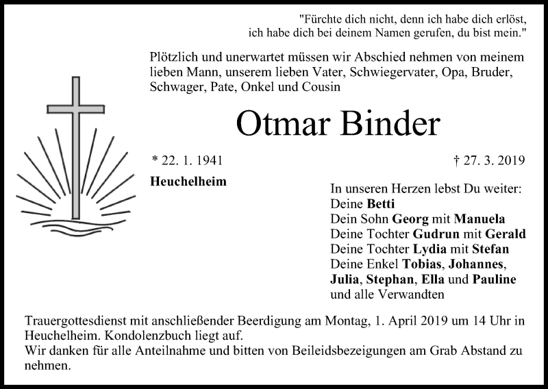  Traueranzeige für Otmar Binder vom 30.03.2019 aus MGO