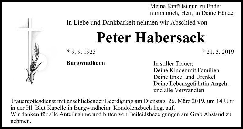  Traueranzeige für Peter Habersack vom 23.03.2019 aus MGO