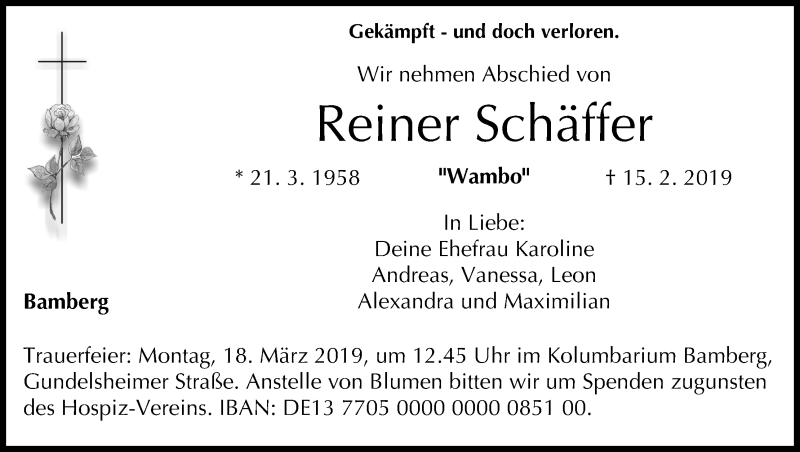  Traueranzeige für Reiner Schäffer vom 12.03.2019 aus MGO