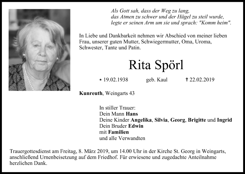  Traueranzeige für Rita Spörl vom 06.03.2019 aus MGO