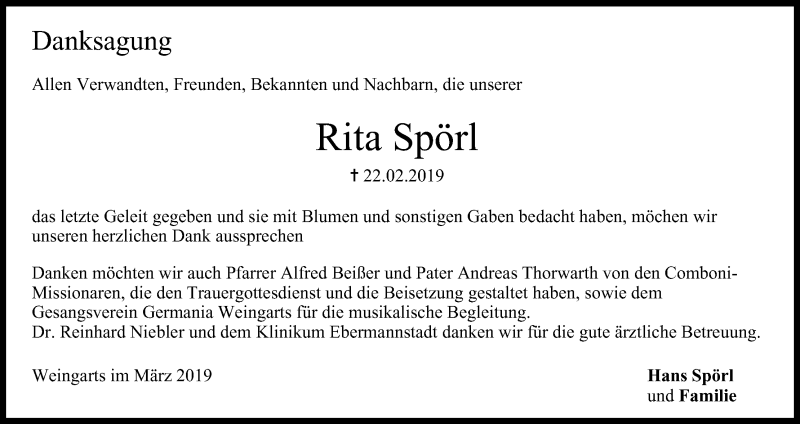  Traueranzeige für Rita Spörl vom 16.03.2019 aus MGO