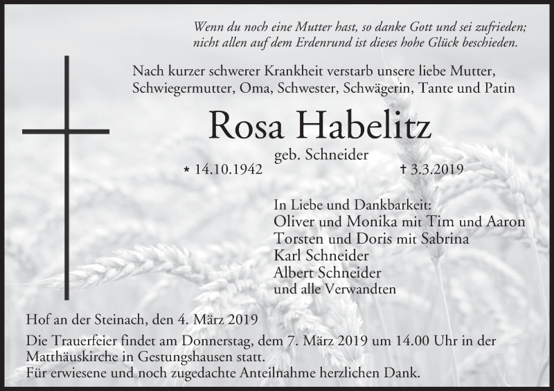  Traueranzeige für Rosa Habelitz vom 04.03.2019 aus MGO